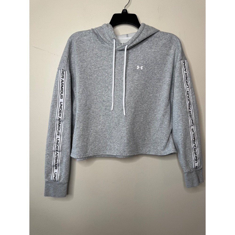 Under Armour Heather Gray Cropped Logo Tape Fleece Hoodie Pullover